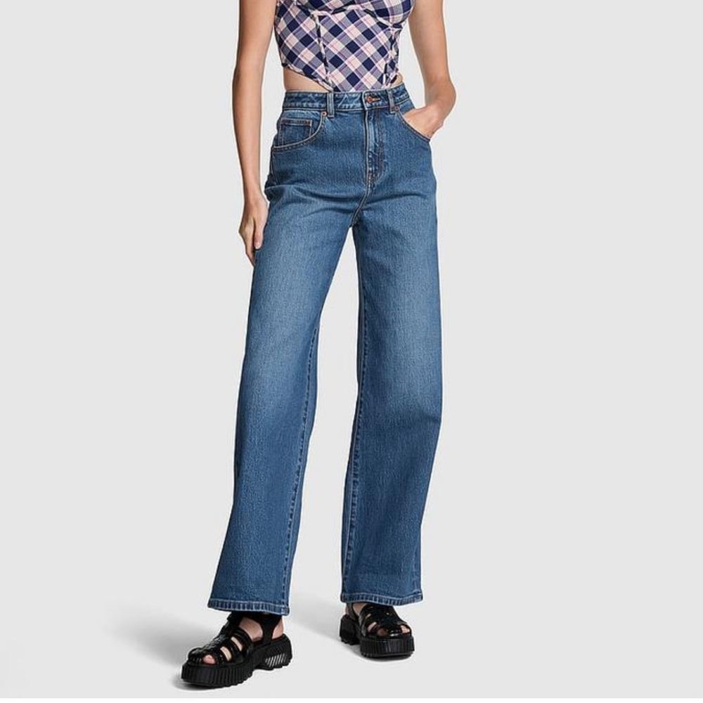 PINK Victoria's Secret Light Blue Denim Jeans with Gold Stitching